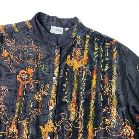 Chico's Silk Beaded Blouse - Size Medium (Chicos 1) - Black Embellished Floral - Picture 2 of 13
